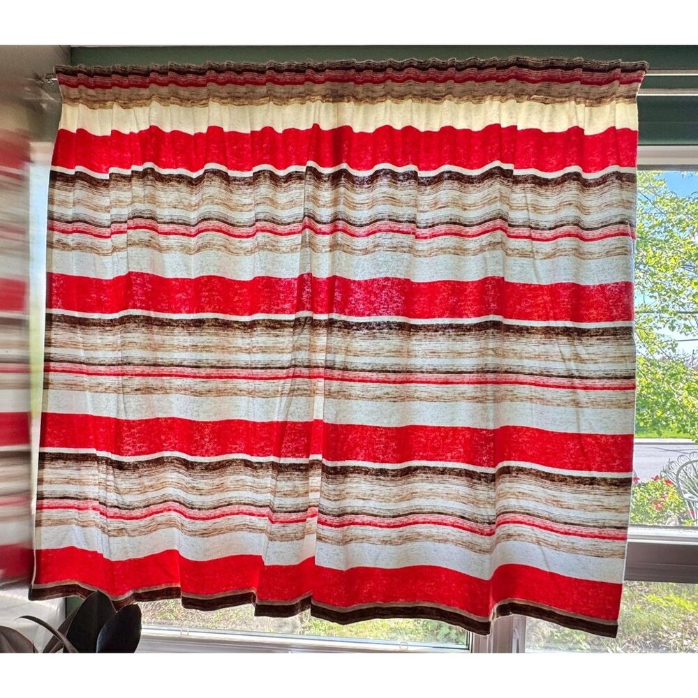 Vintage 70s curtain, beige, brown, red stripes, thick, pleated single panel